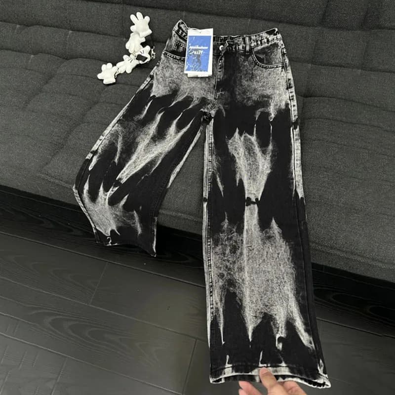 Autunno Nero Tie Dye Jeans Moda Micro Trousers Hip-Hop Pants Straight Leg Pants Men's Shorts Curved Knife Pants Retro