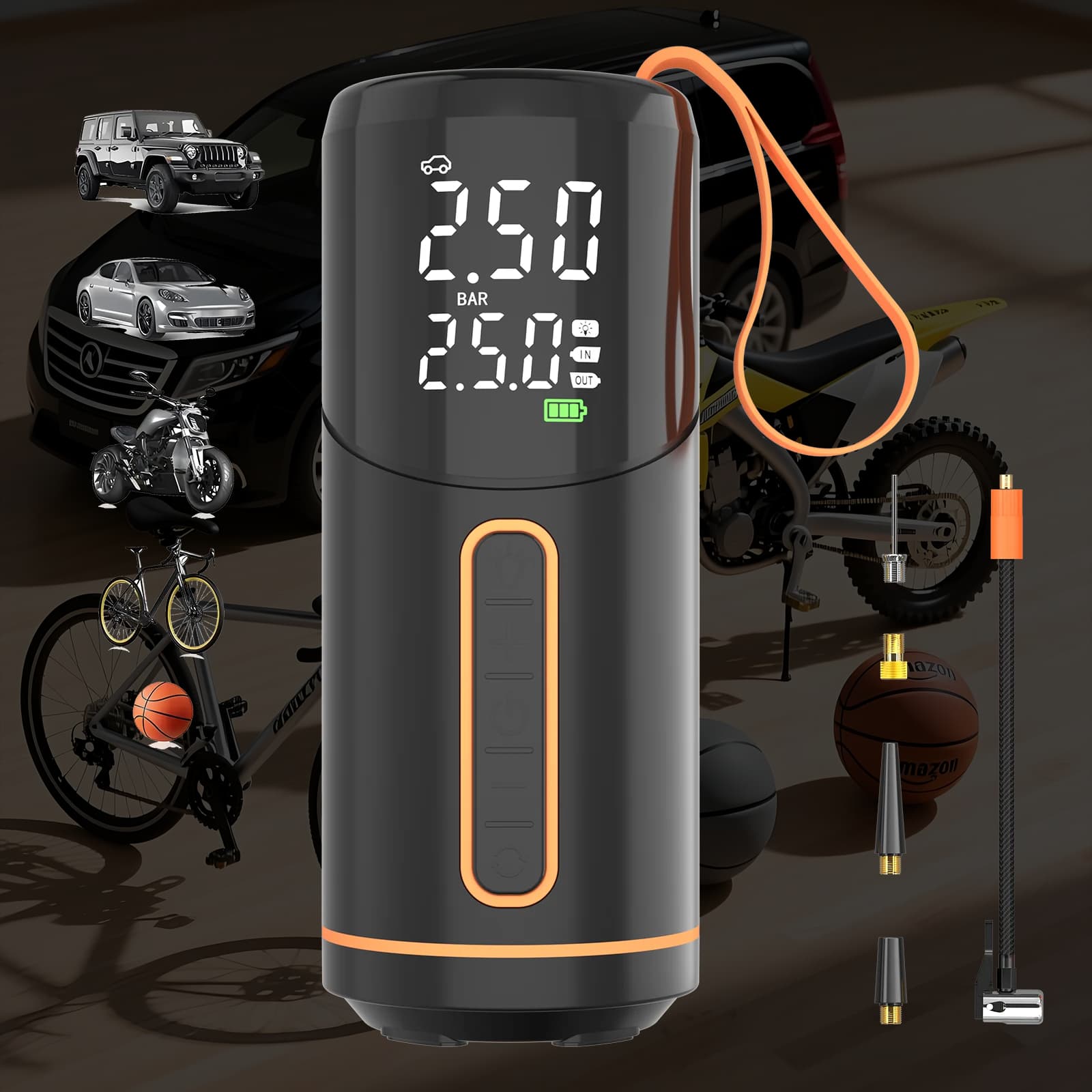 Compressore d'aria portatile per gonfiaggio pneumatici, pompa d'aria da 150 PSI con manometro digitale, pompa per pneumatici senza fili per auto, bici, moto
