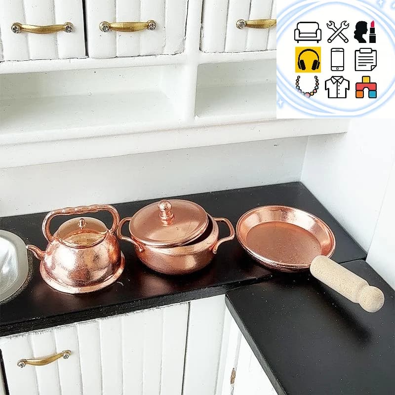 Set of Pots and Accessories for Doll House 1/12, Padella, Soup Pot, Kettle, Kitchen Decoration and Living Room