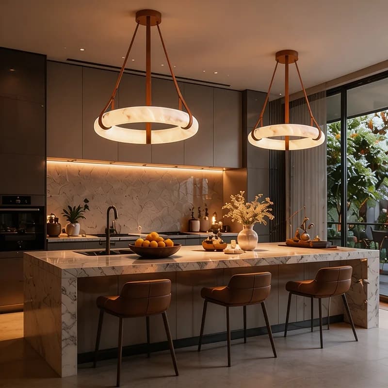 Lampadario a Anello Singolo in Alabastro, Lampada a Sospensione Circolare in Marmo Spagnolo per Sala da Pranzo, Isola Cucina, Lampada LED con Cinghia in Pelle