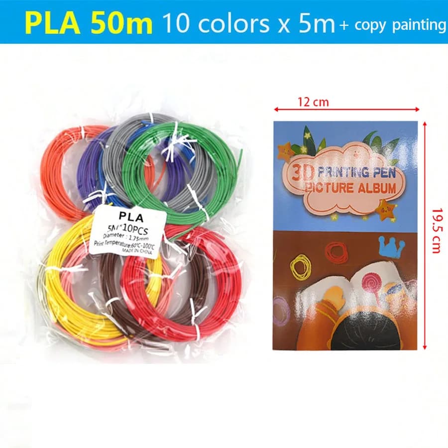 3D PLA 50m Printing Pen Filament with Copy Painting Album 10 Color Charging PLA for 3D Pen Total 50m + 3D Printing