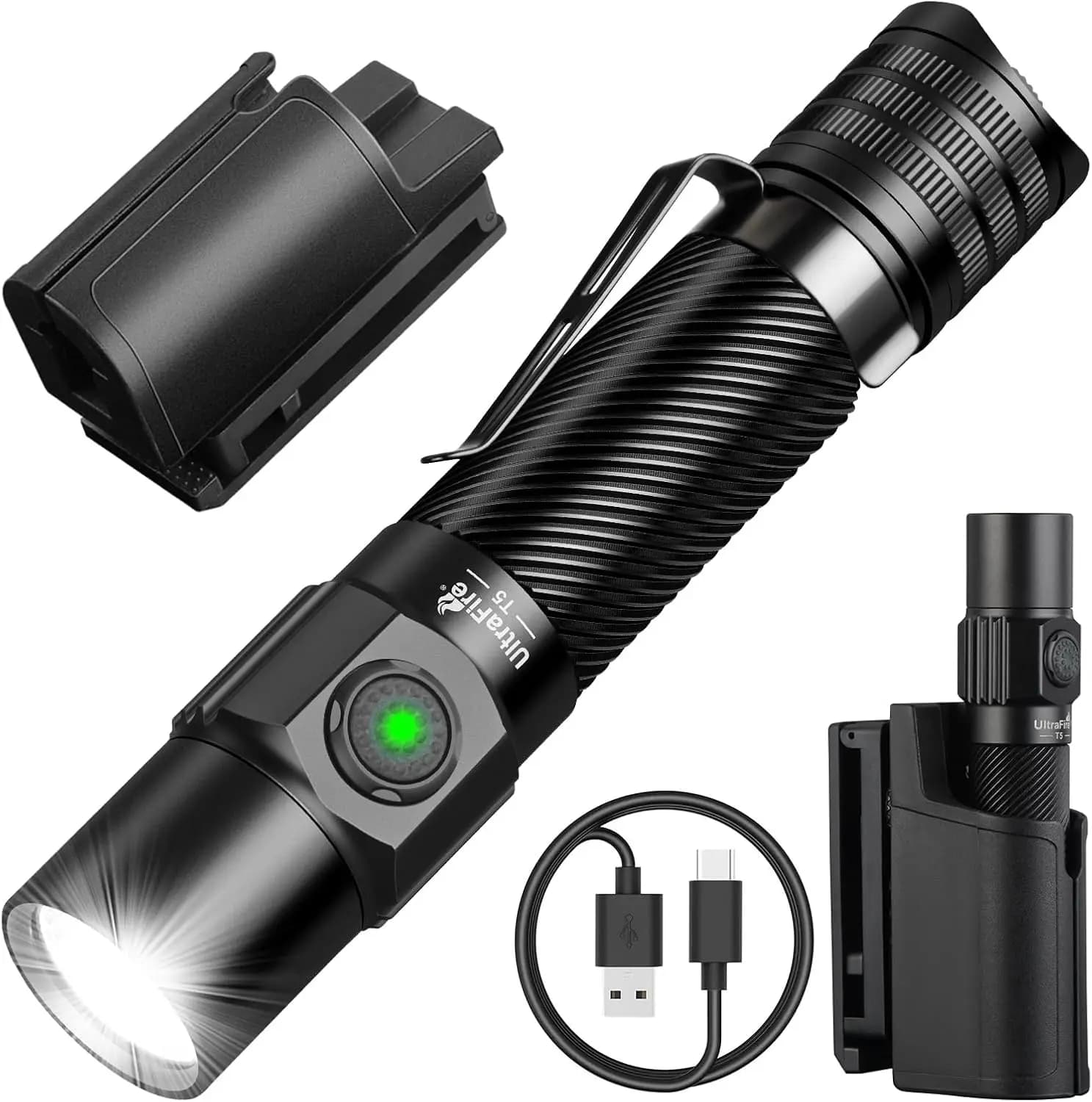 Tactical torch with belt mesh, rechargeable from 1800 lumens, LED light for police safety, 6 modes with double switch