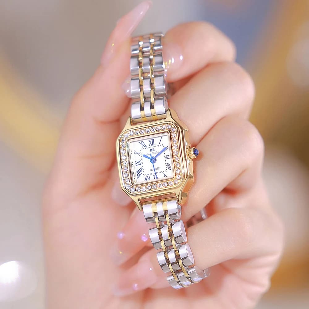 Women's Small Square Stainless Steel Watch Women's Wrist Watch With Luxury Fashion Rhinestones For Women