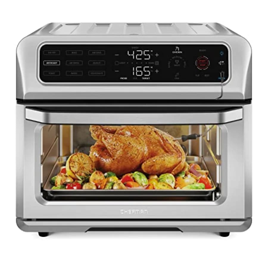 Forno Tostapane e Friggitrice ad Aria 12-in-1 per Cucinare, Cuocere al Forno, Tostare e Arrostire; in Acciaio Inossidabile; Argento; con Sonda Termometro Integrata