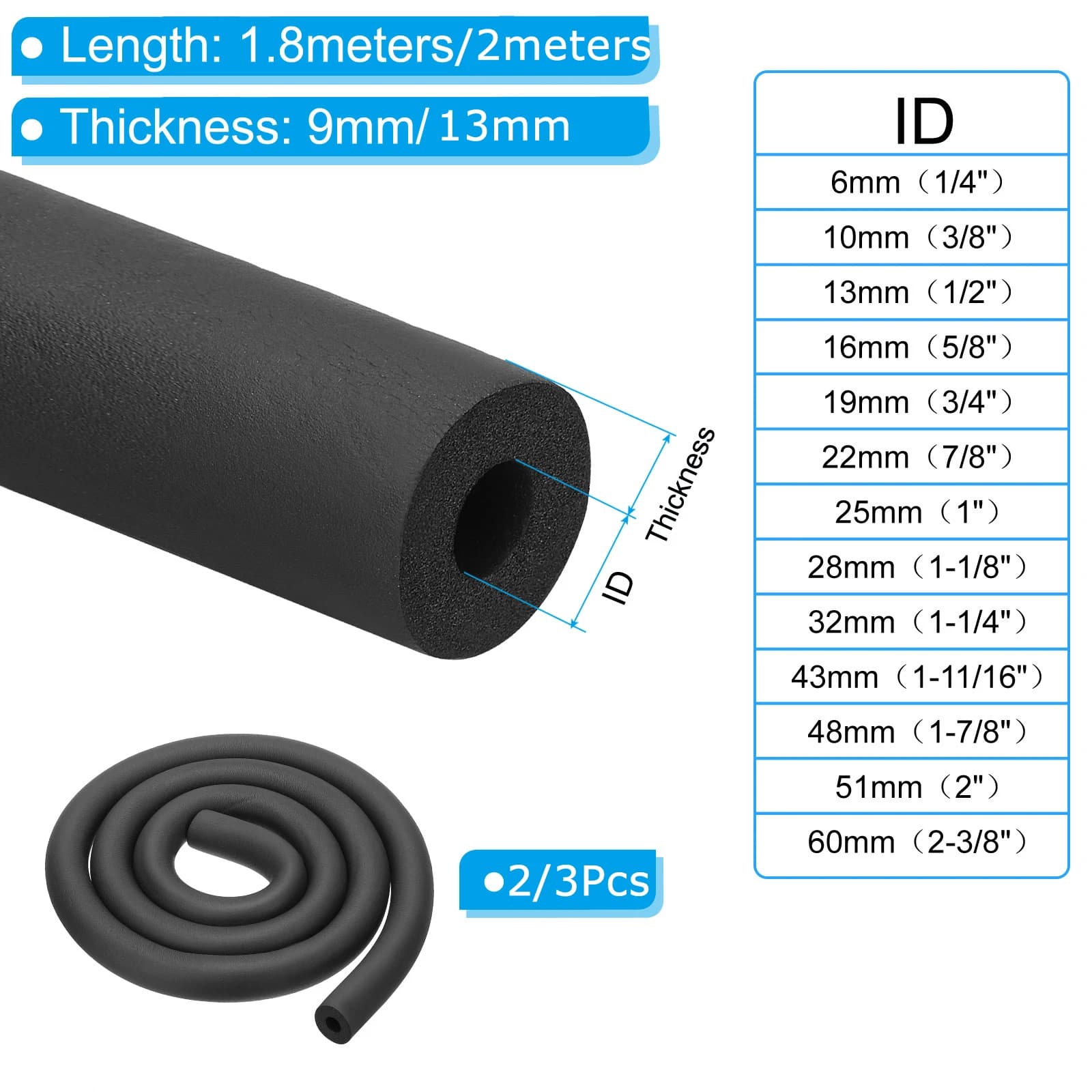 Uxcell 1/2/3 Pz 1.8 m/2 m Tubo di Schiuma Isolante Copertura del Tubo Wrap Roll Bar Imbottitura Tubi per Maniglia Grip HVAC Condizionatore d'aria