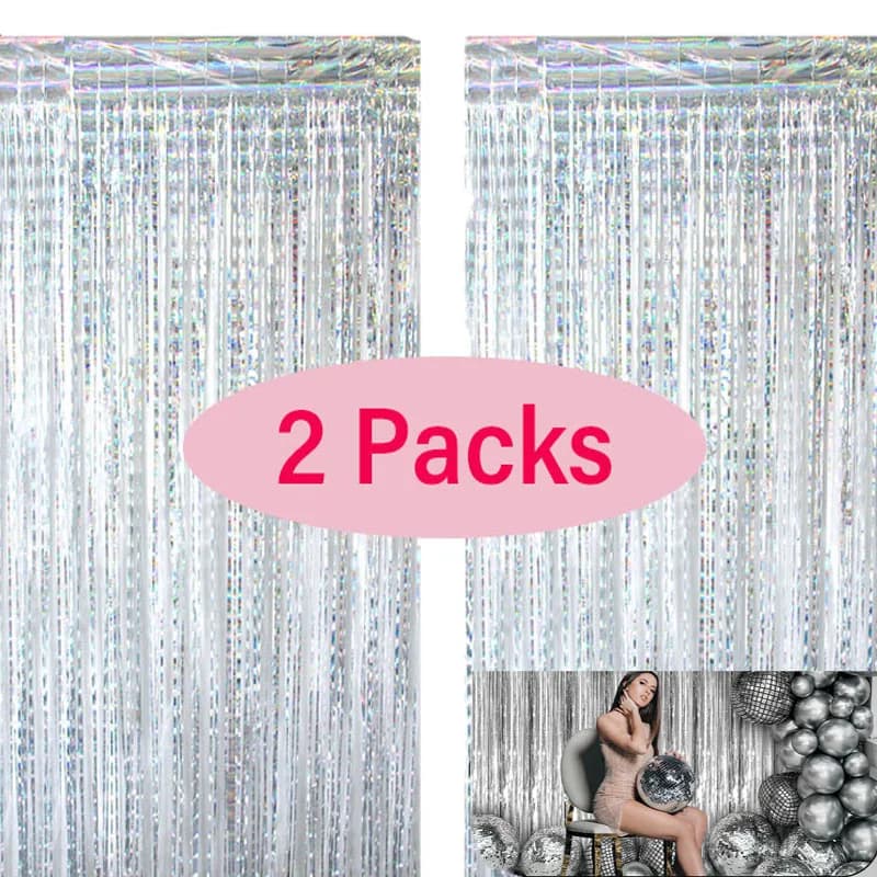 Set of 2 Silver Metal Lamina Curtains, Foil Frange for Birthday Decorations, Weddings, Baby Showers and Disco Party