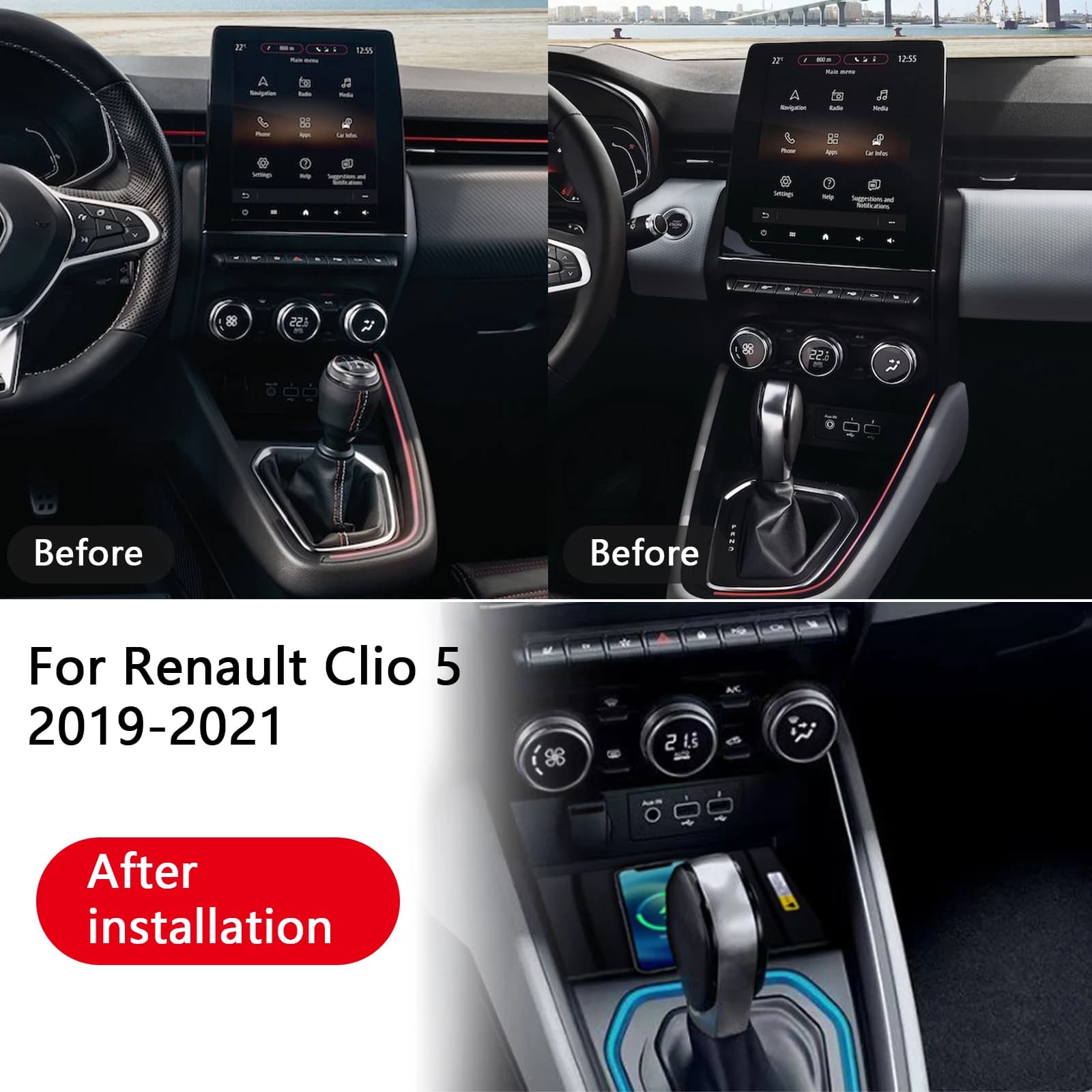 2 DIN L'ultimo caricabatterie wireless da 15 W, speciale pannello di ricarica rapida per telefono QI integrato Accessori per auto per Renault Clio 5 2019-2021