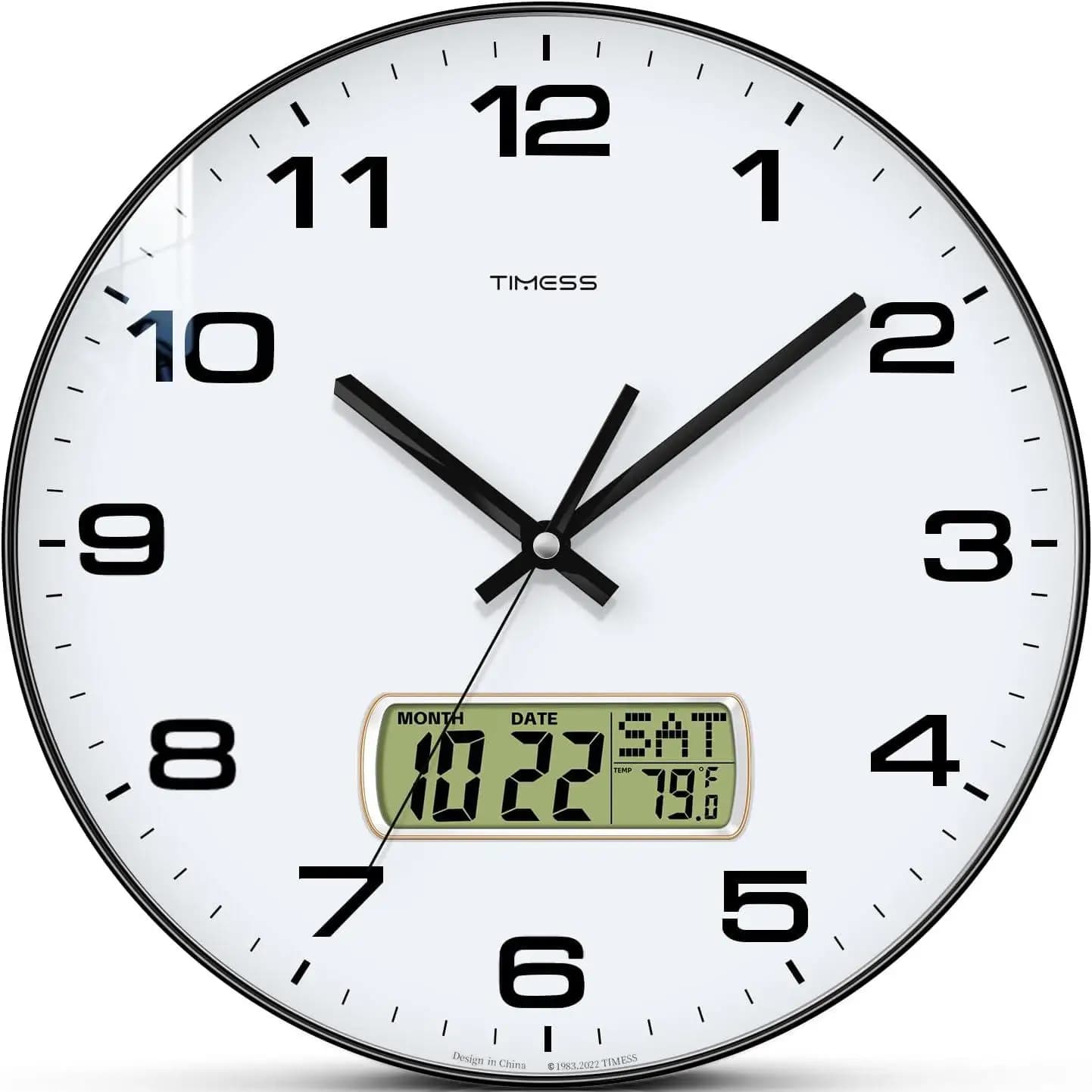 Wall clock with TIMESS calendar, 3 sizes 4 optional colors with calendar and temperature display Fahrenheit, minimalist style wall clock for living room, bedroom, dining room, study, office furniture