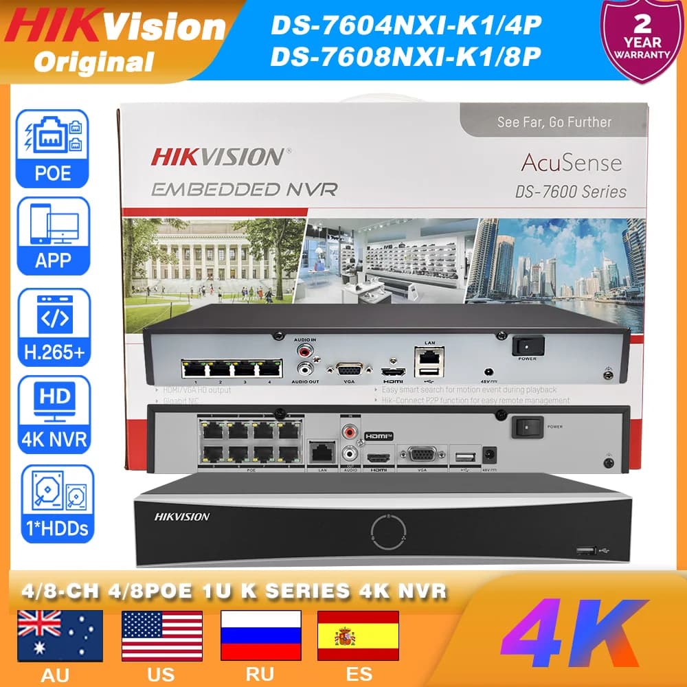 Hikvision 4CH 4POE DS-7604NXI-K1/4P e DS-7608NXI-K1/8P 8CH 8POE 4K Videoregistratore di rete POE Acusense 1SATA NVR Sorveglianza