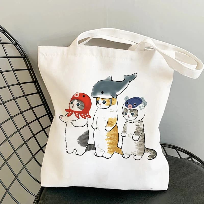 Kawaii Cats Cartoon Manga Tote Bag, Beach Bags, Shopper Bags, Handbags, Canvas Shoulder Bags, Women's Shopping Bags, High Capacity