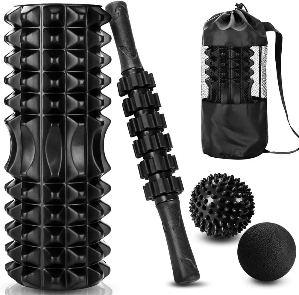 Set 5 in 1, palla da massaggio con bastone da massaggio con rullo in schiuma Trigger Point per massaggio muscolare profondo Pilates yoga, esercizi fitness per tutto il corpo