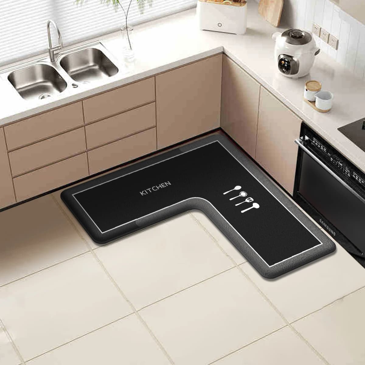Tappeto da cucina in flanella a forma di L, tappetino assorbente per ristorante, tappetino antiscivolo per la casa, tappetino resistente allo sporco, tappetino per il bagno