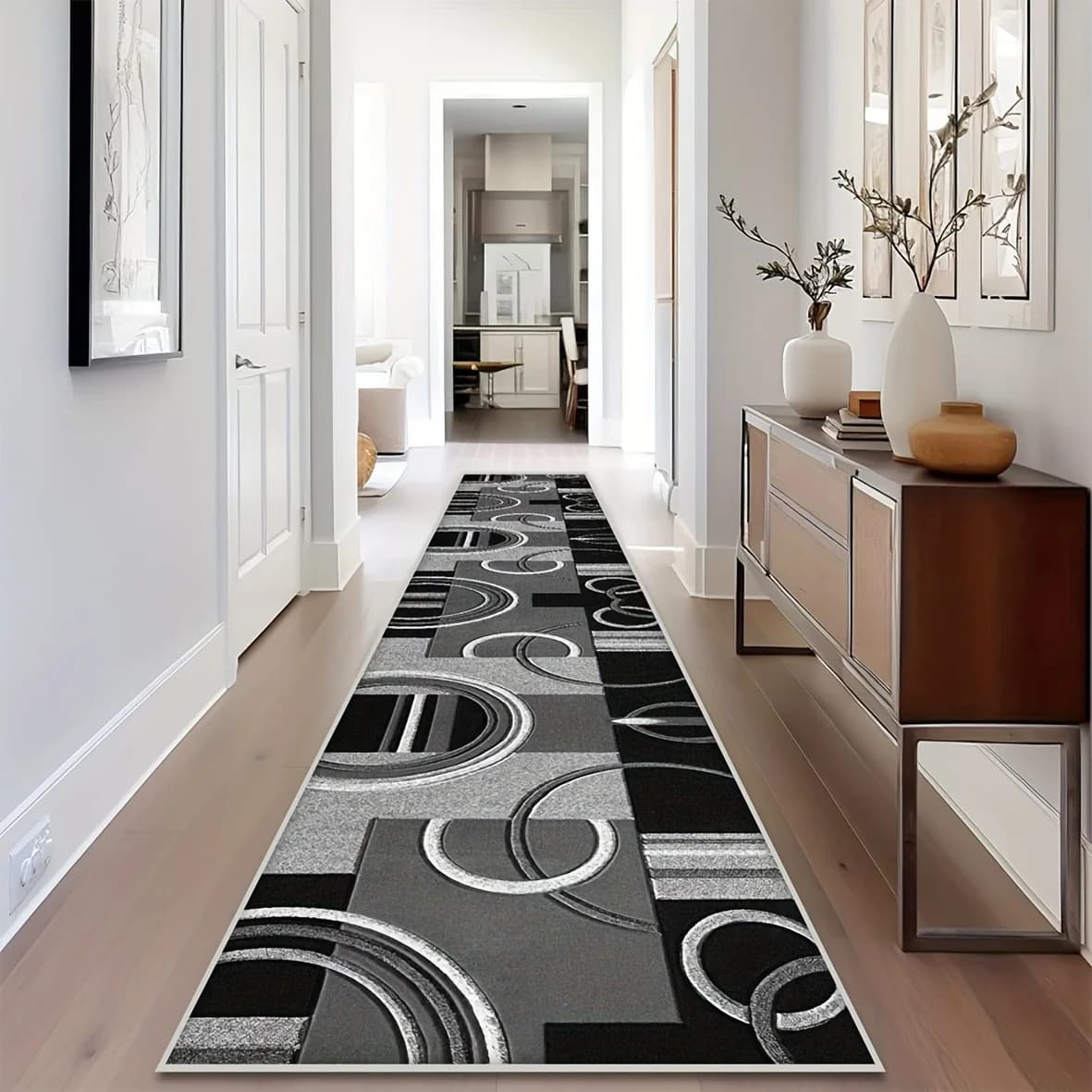 Tappeto Geometrico Moderno, Decorazione per la Casa, Stile Retrò Boho, Tappetino per Corridoio, Soggiorno, Camera da Letto, Blu Navy e Grigio