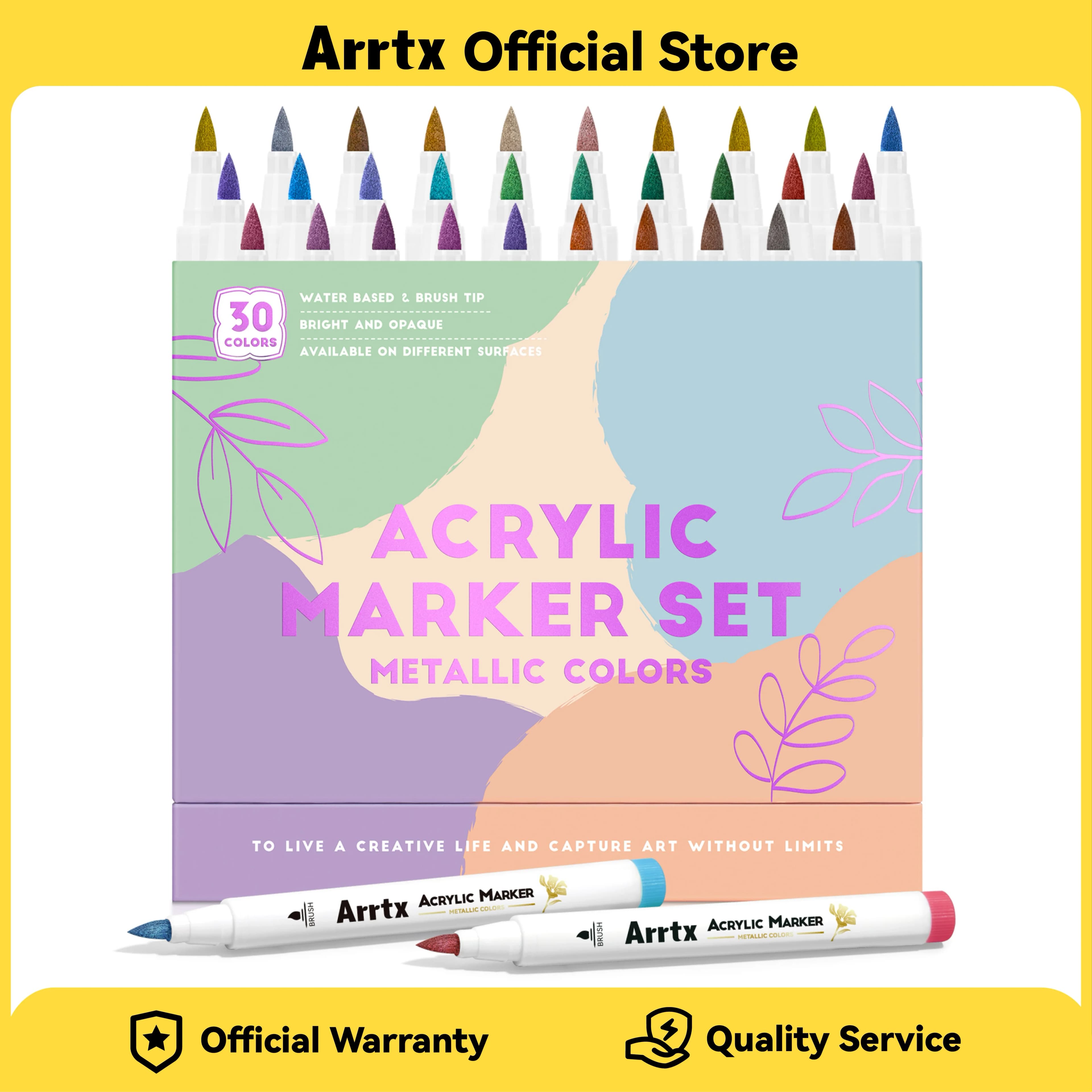 ARRTX Pennarello acrilico, stelo bianco, punta morbida singola, AACM-0630F, colore metallizzato, 30 colori