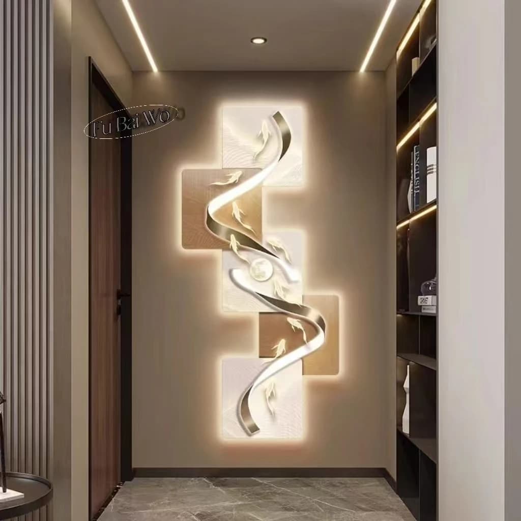 Nine Fishes Entrance Decoration Painting, Modern Light Luxury Wall Clock Painting, hallway, High-end LED Light Wall Painting