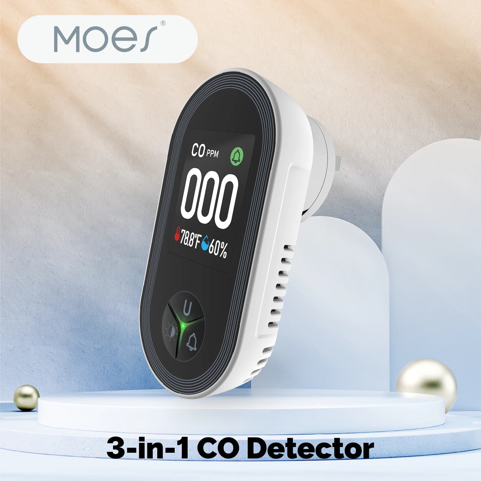 Rilevatore di CO 3-in-1 MOES con Display Digitale, Allarme Monossido di Carbonio, Sensore di Temperatura e Umidità, Avviso Sonoro