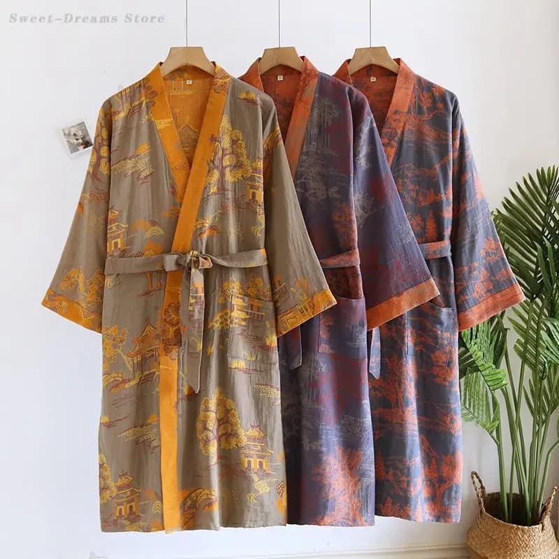 Men's Cotton Kimono Bathrobe Yukata Haori Retro Print Flower Homewear with Pocket Casual Nightwear Pijama Pijama