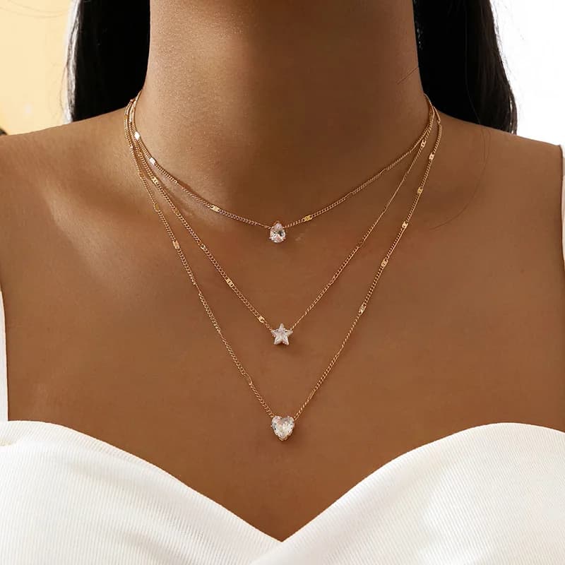 Chain necklace with heart-shaped water drop pendant with five-point multi-layer star, alloy material, chain with glass clavicle, sexy women