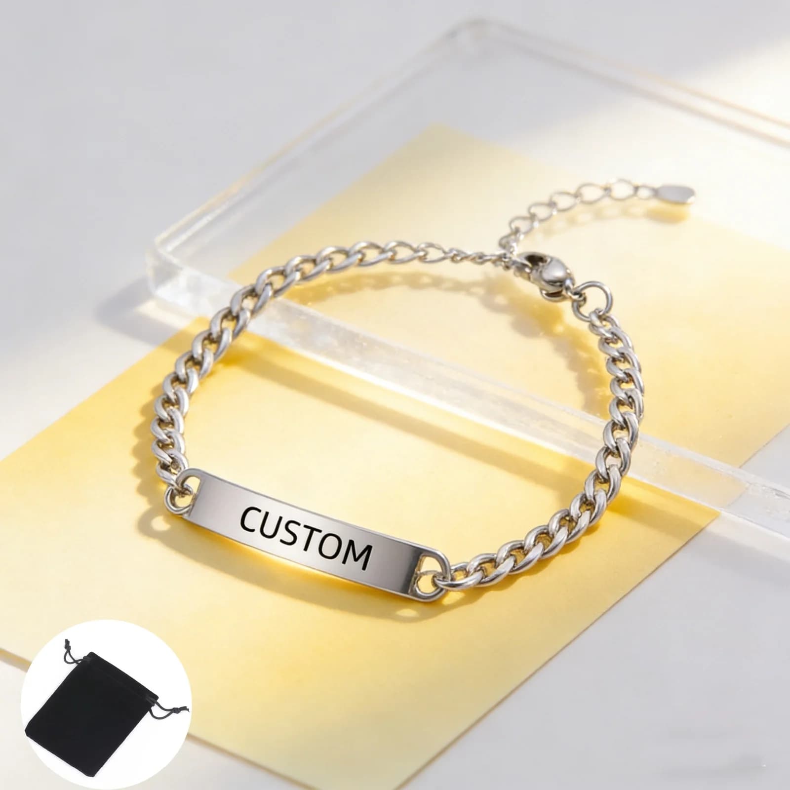 Nome personalizzato Testo Data Bracciale a catena cubana da 5 mm Bracciale con nome intagliato personalizzato in acciaio inossidabile Gioielli per uomo e donna