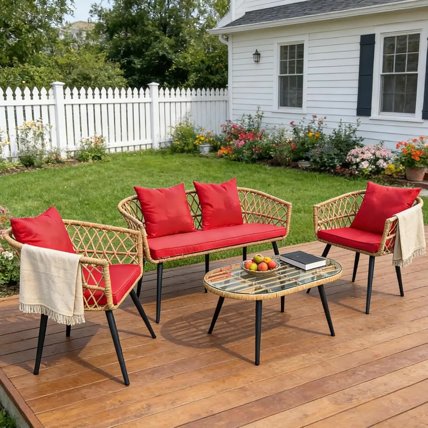 Garden Furniture Set in 4 Pieces, Vimini Sofa, 2 Chairs, Glass Table, Weather Resistant cushions, Garden, Veranda, Courtyard, Customizable