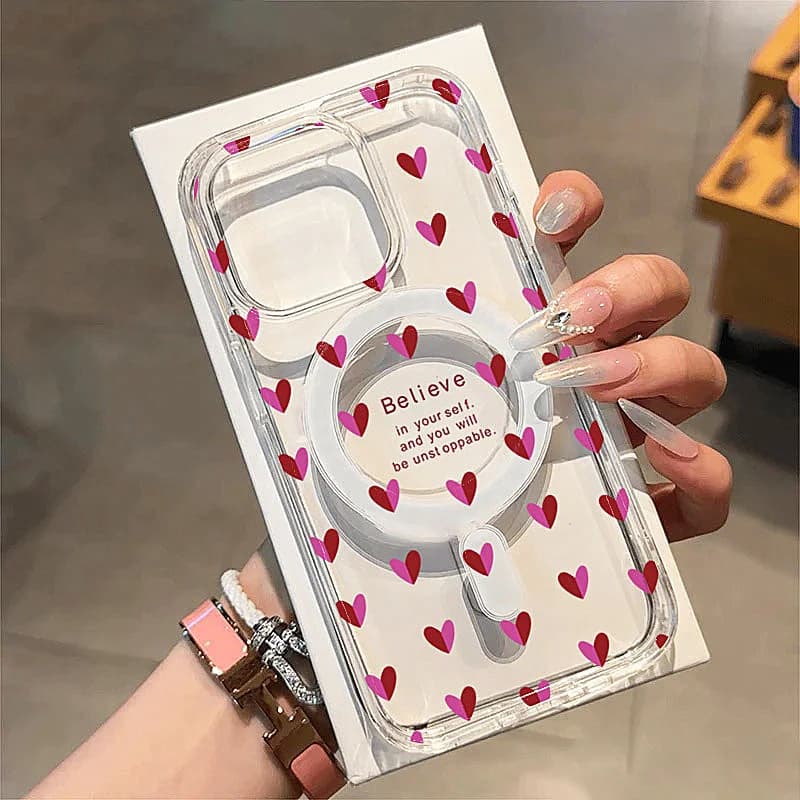 Transparent case with wireless charging for Samsung Galaxy S25 S24 Ultra S23 S22 Plus S21 FE Cover for phone with red love heart print wine