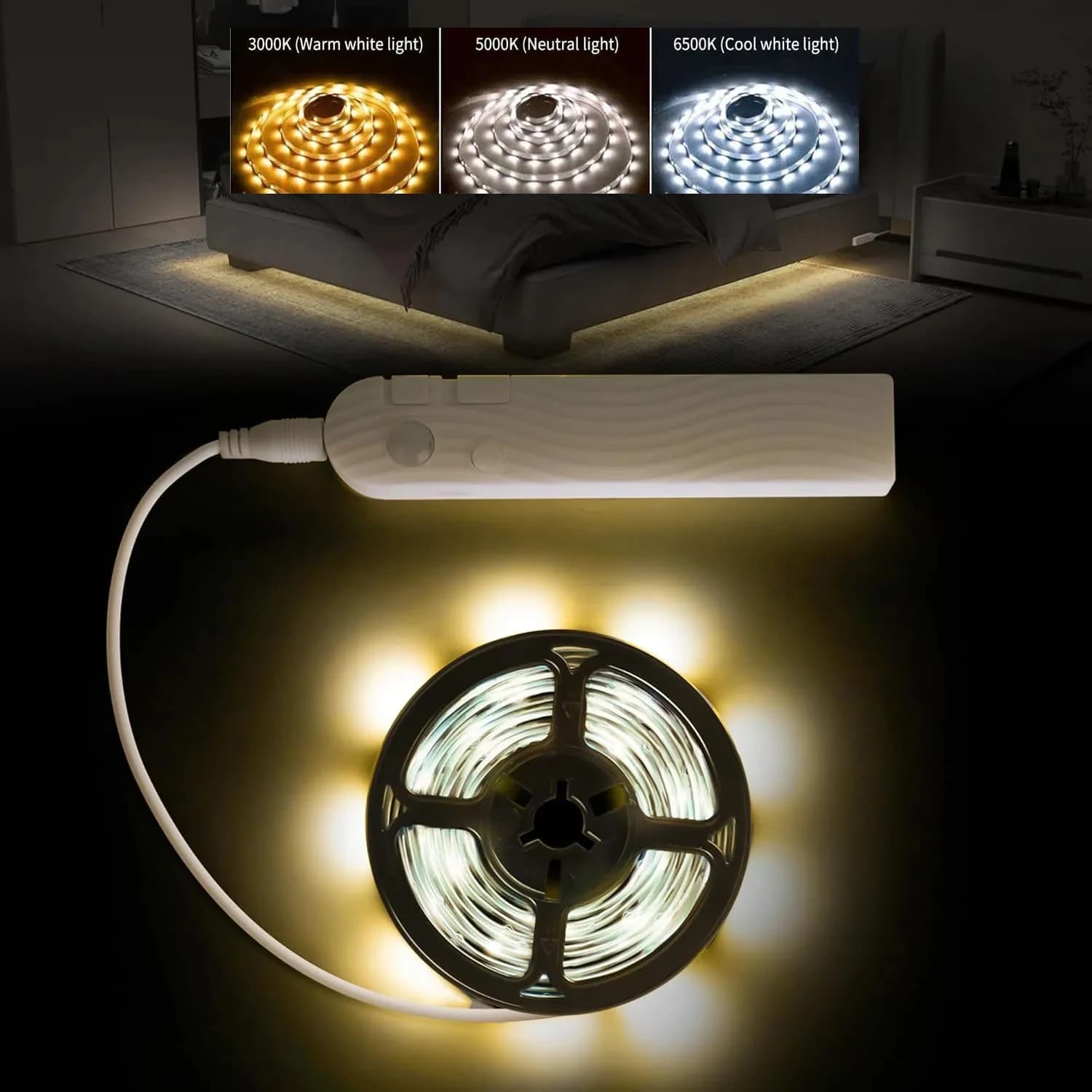 Striscia LED con sensore di movimento 4M 3 colori, luce notturna, batteria ricaricabile da 2000mAh per illuminazione di camera da letto, cucina e armadi.