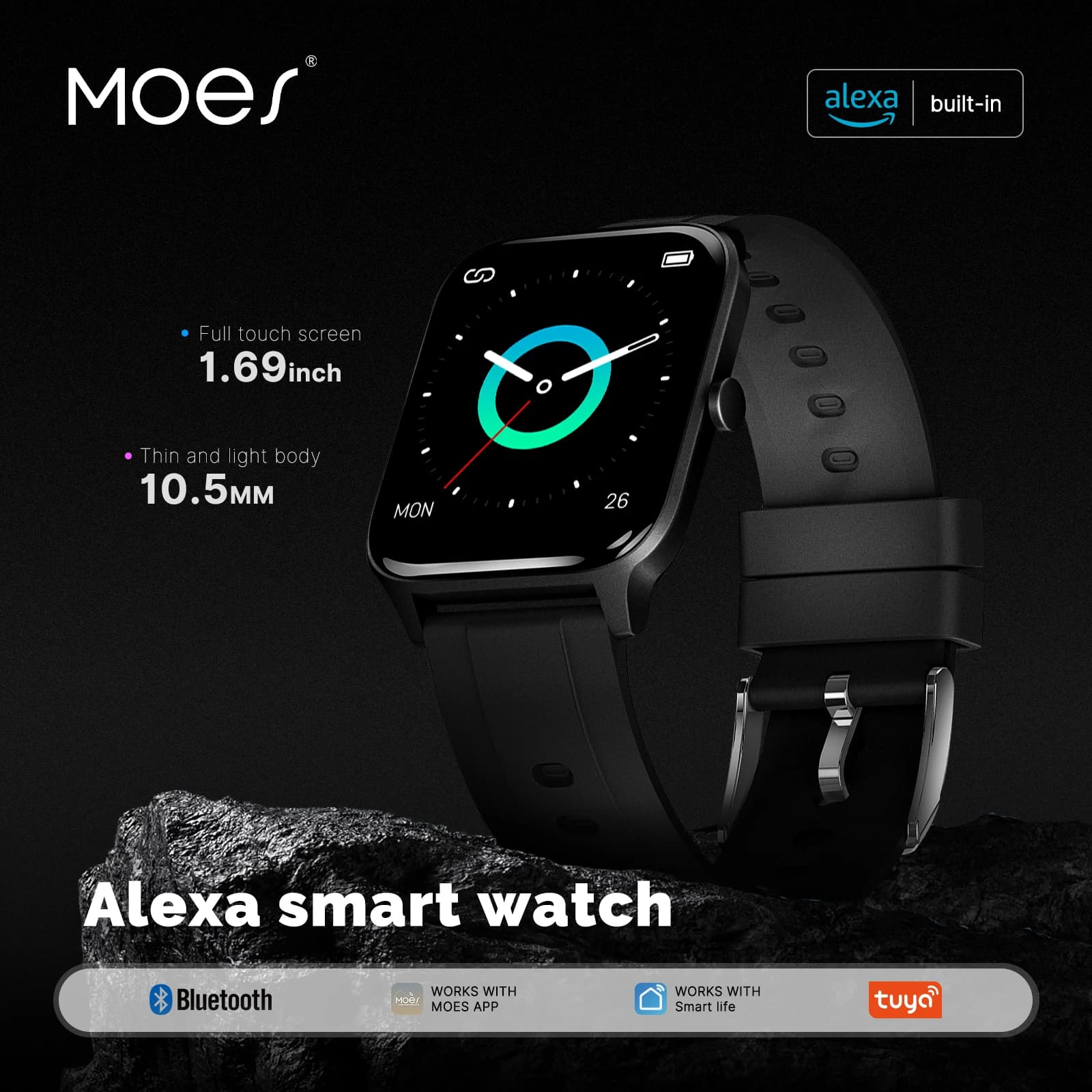 MOES Smart Watch Alexa Fitness Tracker Integrated Heart Rate Monitor and Blood Oxygen, 1.69 Inch Color Touchscreen Waterproof IP68