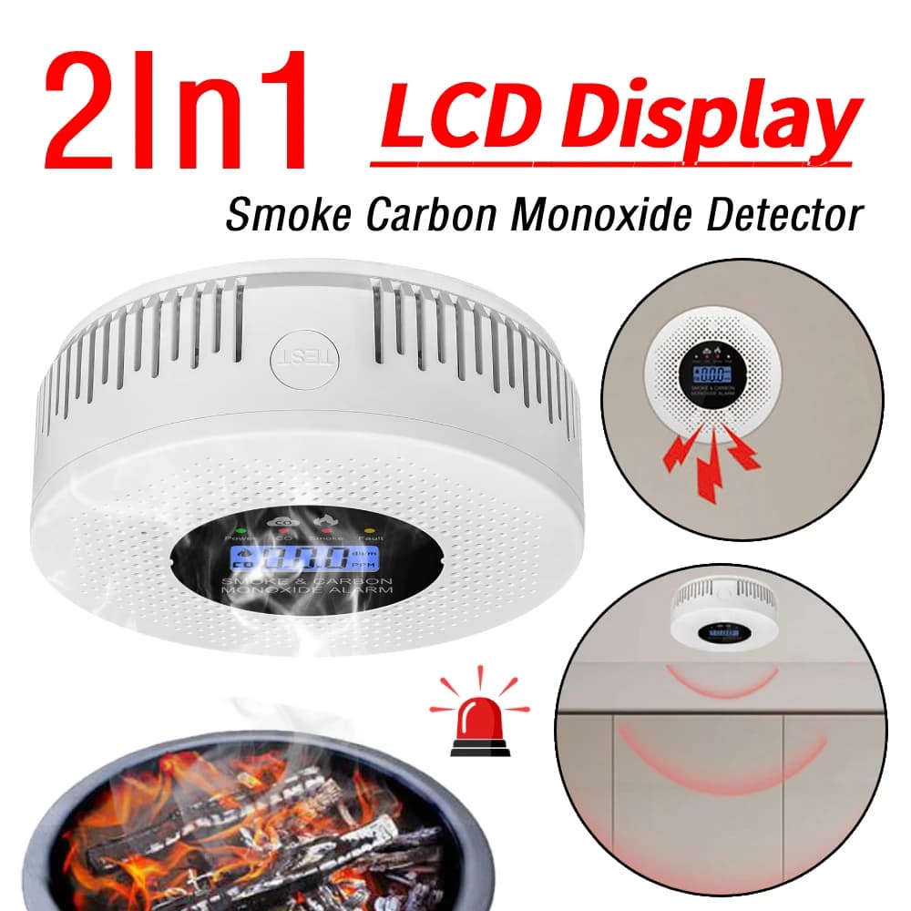 Rilevatore di fumo per allarme antincendio 2 in 1 con display LCD Allarme monossido di carbonio alimentato a batteria per la cucina dell'hotel RV dell'appartamento domestico