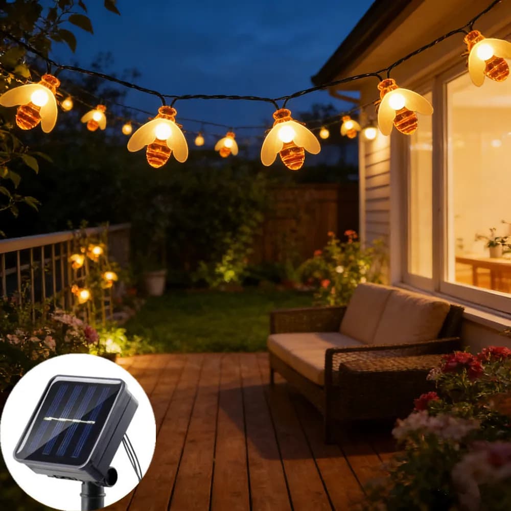 Luci a stringa solari a forma di ape con 8 modalità, 20/50/100 LED, illuminazione esterna per recinzioni floreali, decorazioni natalizie e da giardino