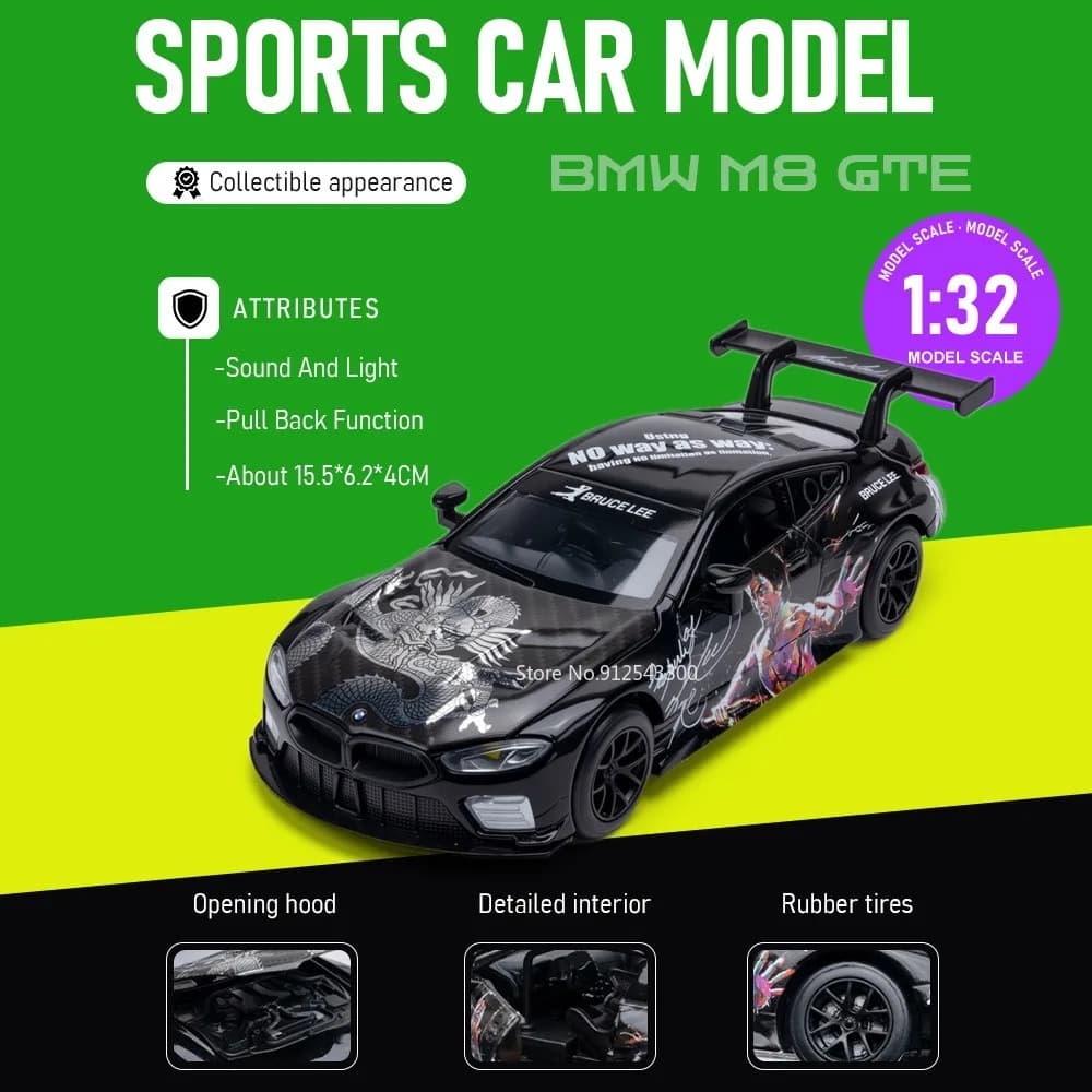 Modellino Auto BMW M8 GTE 320I 1:32 con Porte Apribili, Suono e Luci, Funzione Pull-Back, Carrozzeria in Lega, Pneumatici in Gomma, Auto da Corsa, Regalo da Collezione per Ragazzi