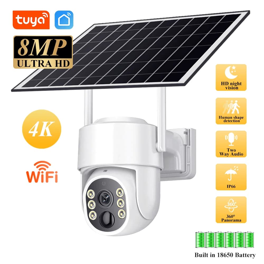 Tuya 4K 8MP Telecamera solare PIR Rilevazione umana Visione notturna Video di sicurezza impermeabile IP 360 ° Monitor CCTV con batteria Camara a rotazione