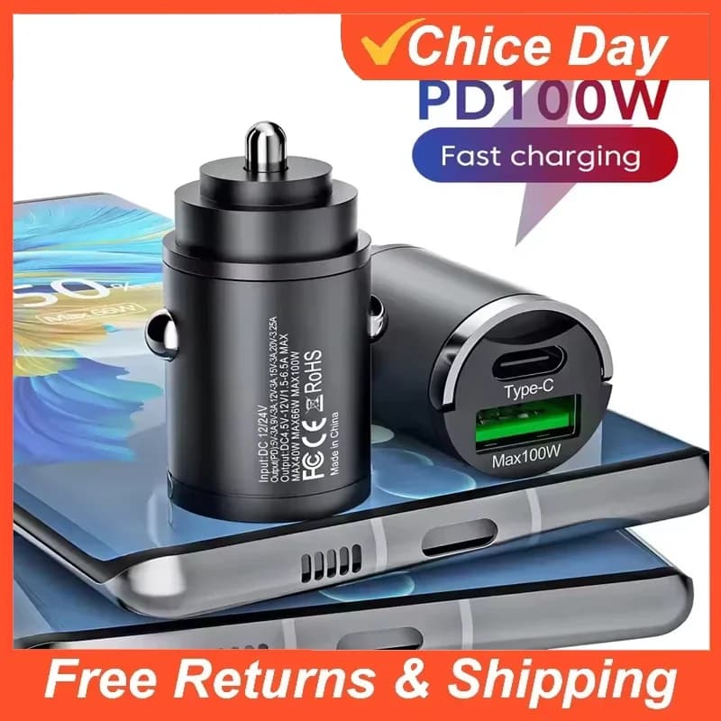 Mini Car Charger 100/200W Fast Charging for IPhone QC3.0 Mini PD USB Type C Cell Phone for Car Xiaomi Samsung Huawei Amagi