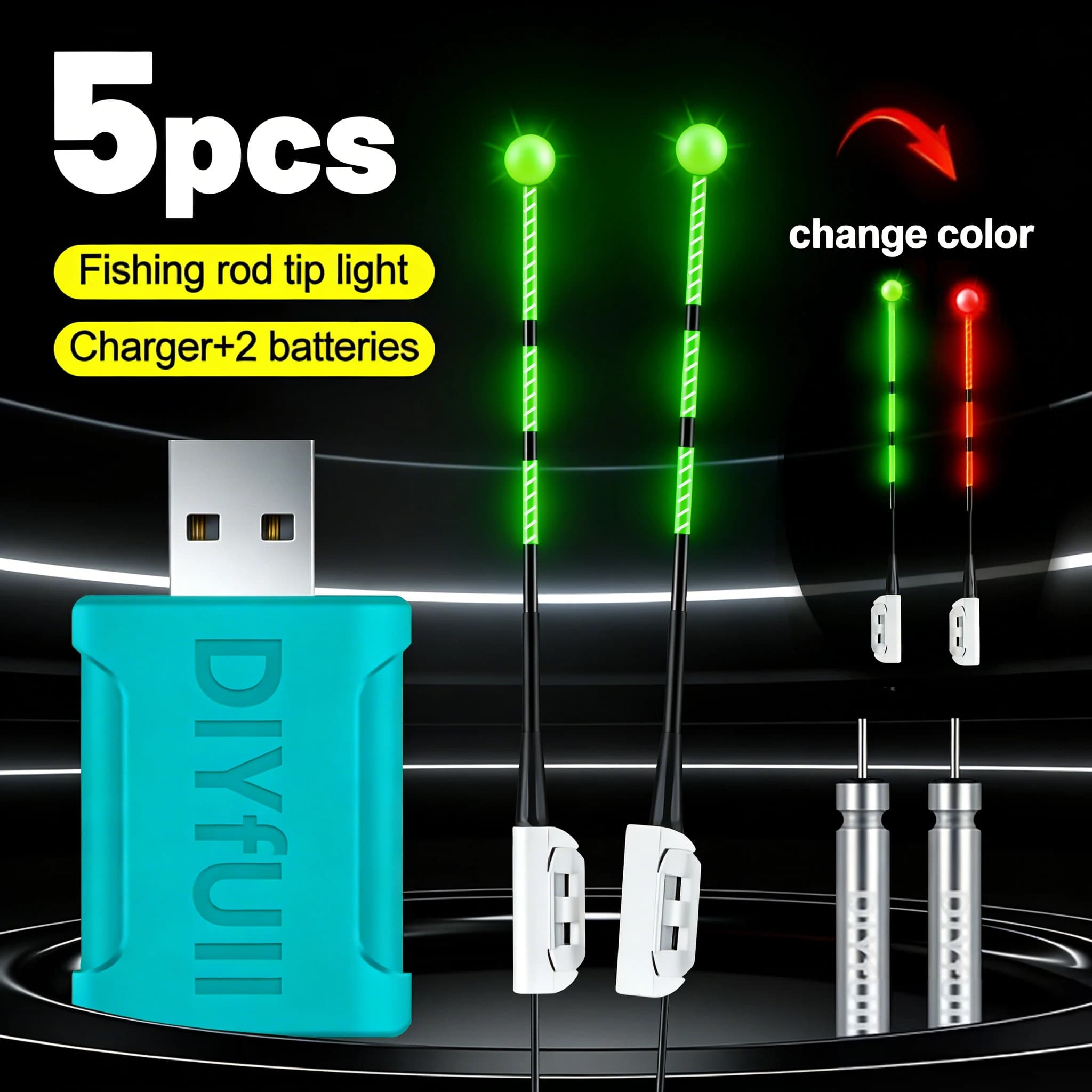 Un set di 5 comprende 2 indicatori di ganci, 2 batterie ricaricabili e 1 caricabatterie, adatto per l'illuminazione della punta delle canne da pesca.