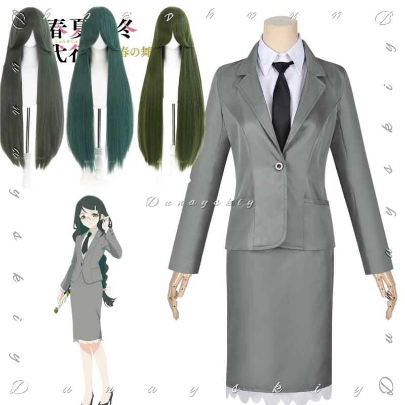 Parrucca verde avocado Agents Of The Four Seasons: Dance Of Spring Ayame Hazakura Costume cosplay Completo grigio da lavoro OL Outfit Set
