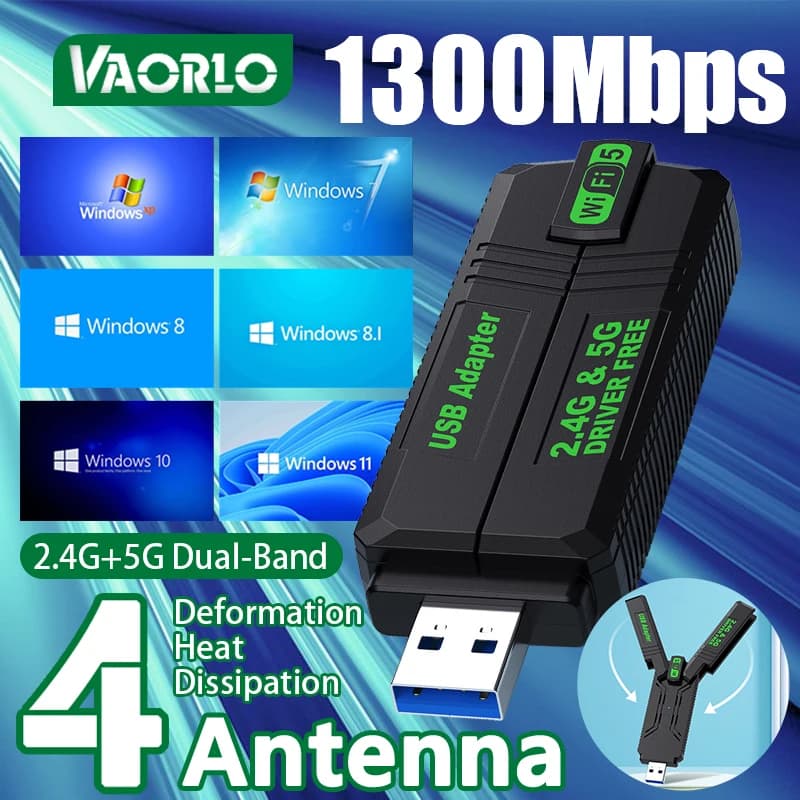 Adattatore USB WiFi 1300Mbps con 4 antenne esterne, dual band 2.4G+5.8G, ricevitore senza driver 802.11AC, scheda wireless USB 3.0 ad alta velocità