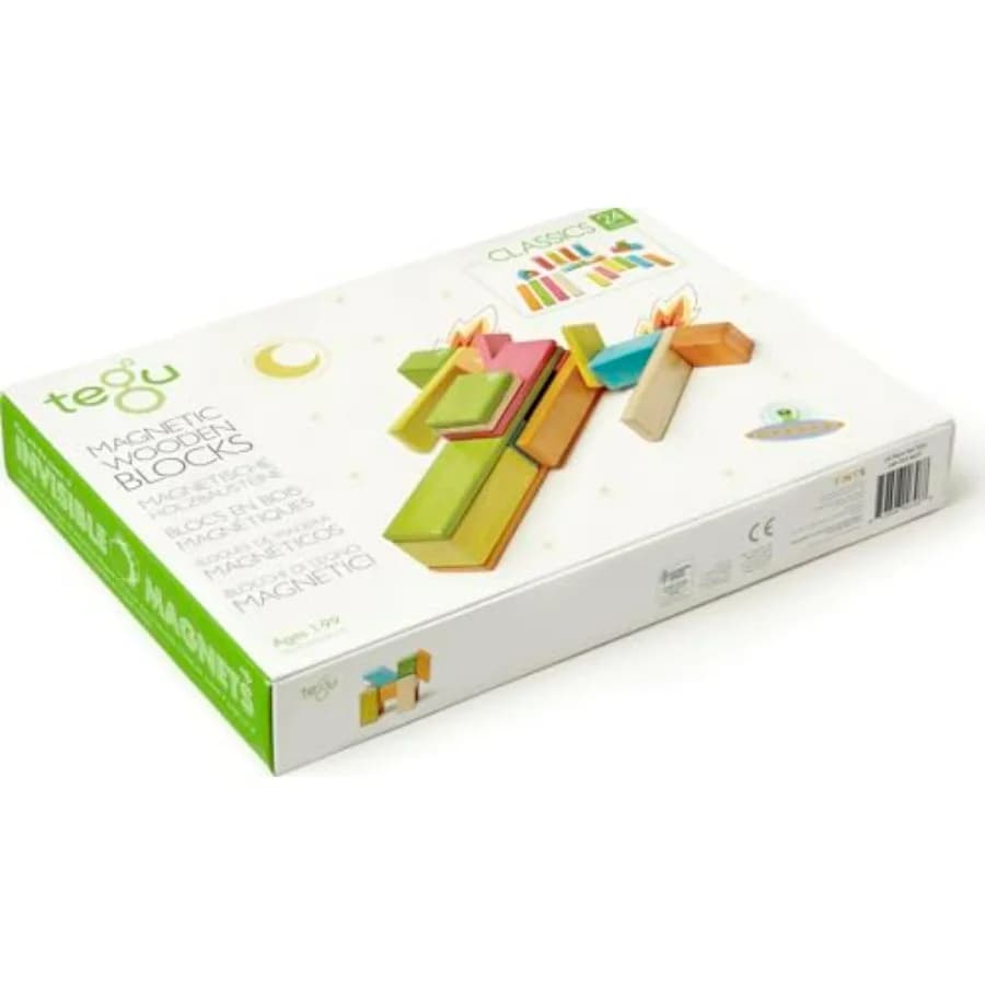 Set di 24 Blocchi Magnetici in Legno Tegu, Colori Vivaci per Età 1-99, Costruzione in Legno Sostenibile con Magneti Potenti