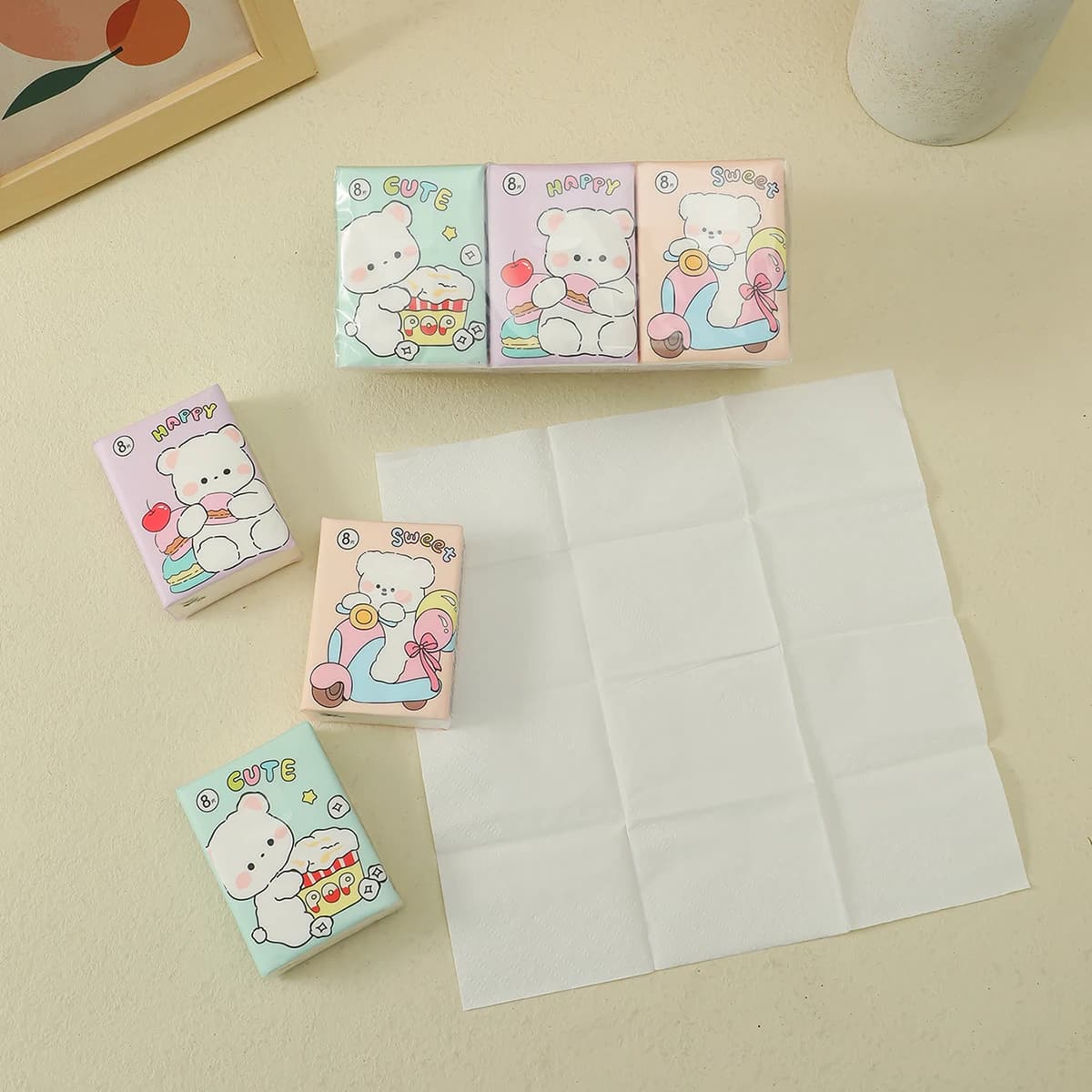 9 pezzi/pacco Good Time Design colorato cartone animato originale asciugamani di carta tascabili in pasta di legno per l'uso quotidiano della pulizia