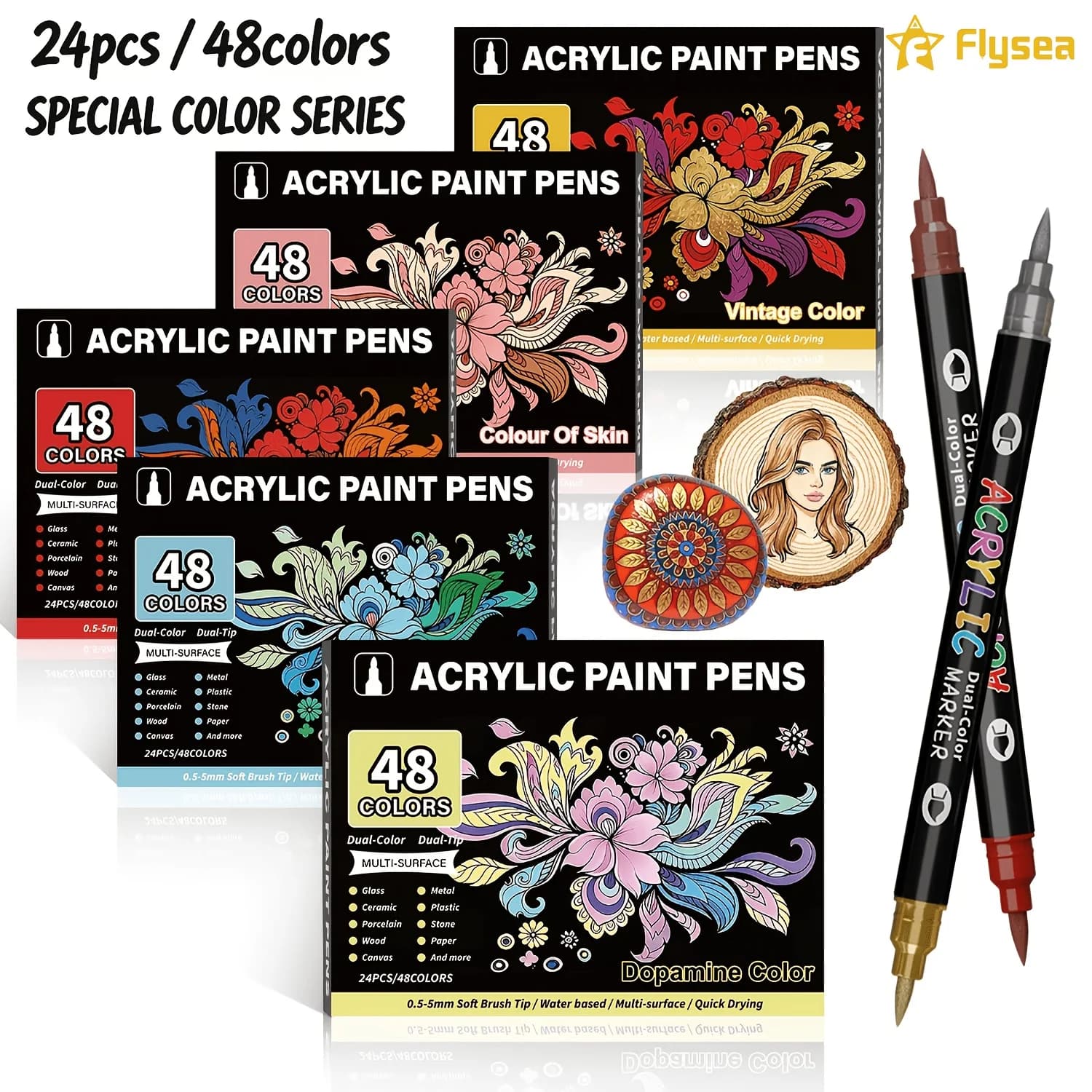24-pcs/48-color Dual-Tip Water-Based Acrylic Marker Set: Soft Brush Tips, Suitable for DIY Crafts and Art Supplies