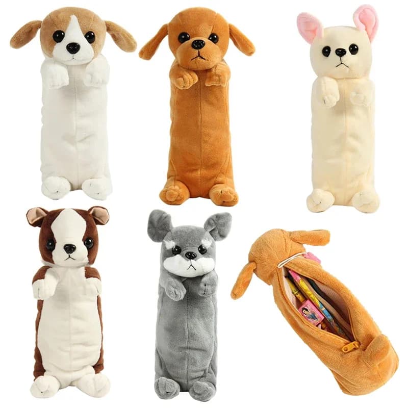 1PC Estuche de pencils de felpa suave para niños y niñas, bolsa de bolígrafos de simulación, lindo perro, papelería escolar