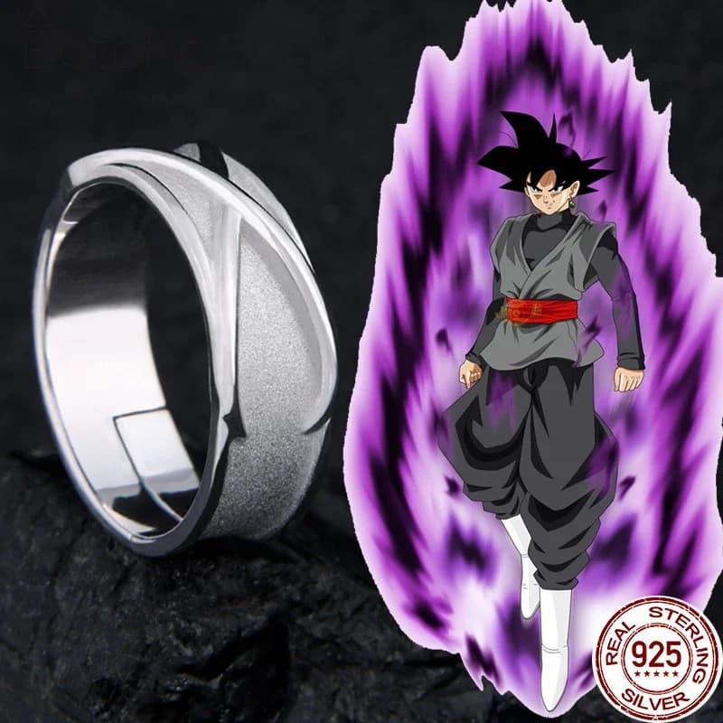 Anime Super Z Goku Anello nero regolabile 100% argento puro 925 Anello da dito per donna Uomo Gioielli Cosplay Anelli Accessorio