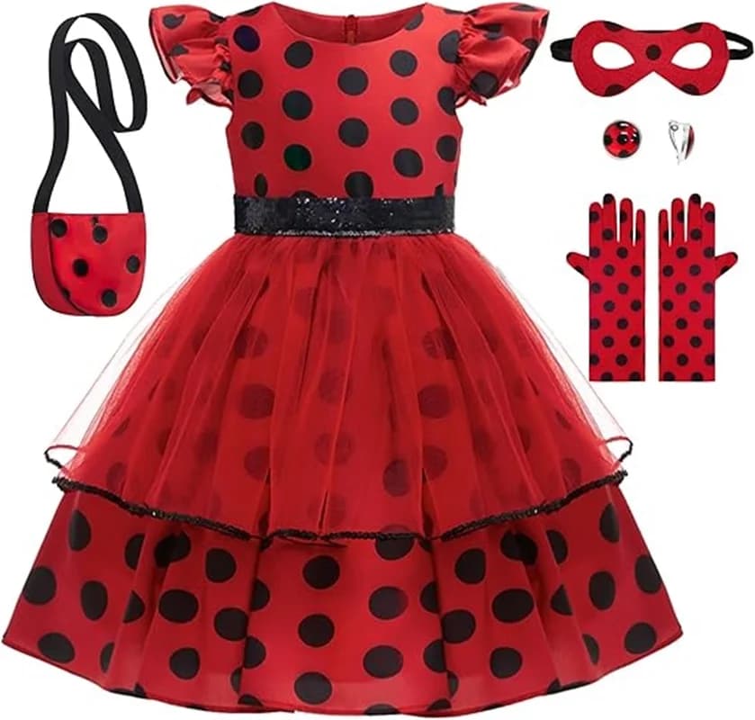 Cosplay Costume for Girls Red Plush Dress with Bag Gloves Mask Kids Earrings Bug Halloween Birthday Dress