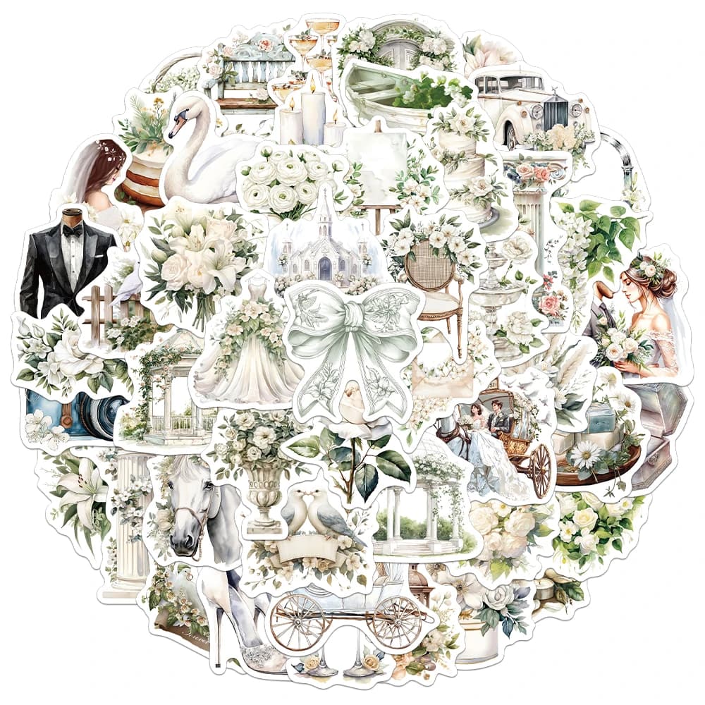 50 Pezzi Adesivi Creativi Retrò a Forma di Fiore Bianco per Matrimoni, Materiali Decorativi per Diari, Quaderni, Decalcomanie Personalizzate Fai-da-Te