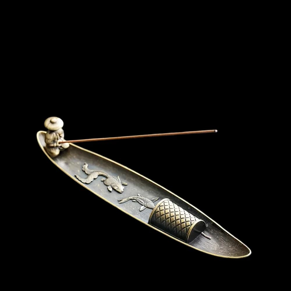 21 cm Japanese Zen style metal incense burner, fisherman-shaped, with support for single leaf sandalwood incense sticks, alloy, for domestic decorations