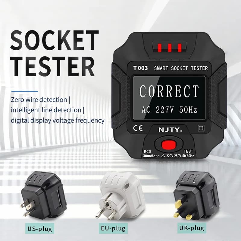 Digital Smart AC Voltage Detector Plug Tester EU 30mA RCD Test Polarity Phase Meter Circuit Ground Control Zero Line