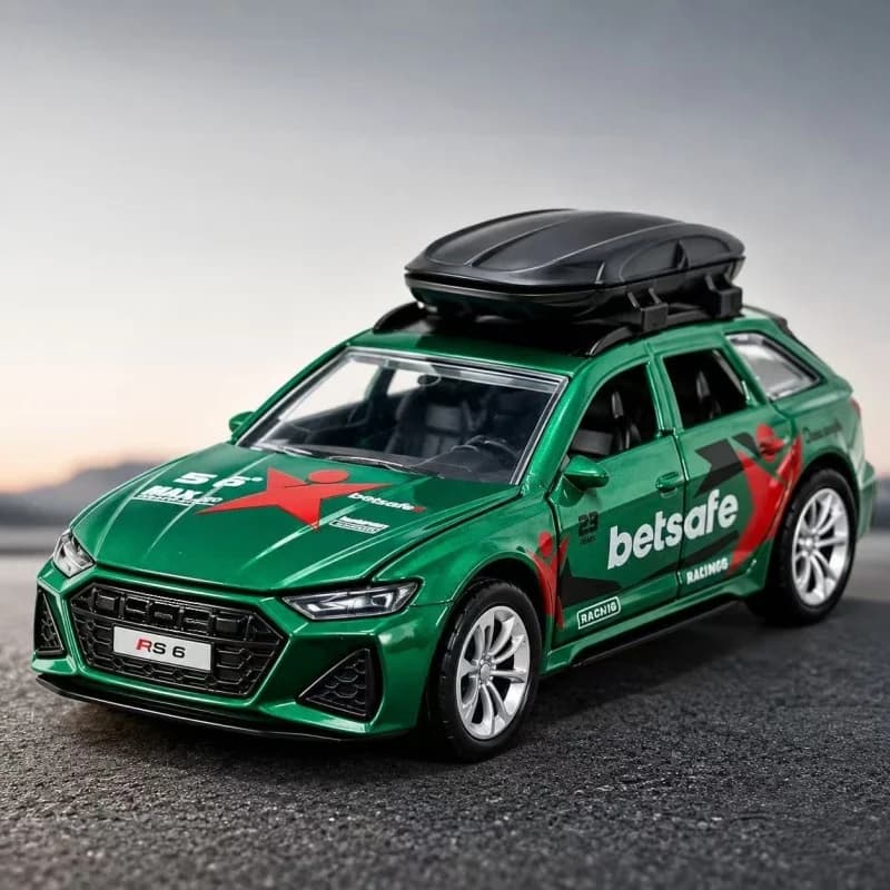 1/36 scale Sports Travel Wagon Alloy Toy Car with a metallic green body and racing decals, comes with a roof luggage box, design