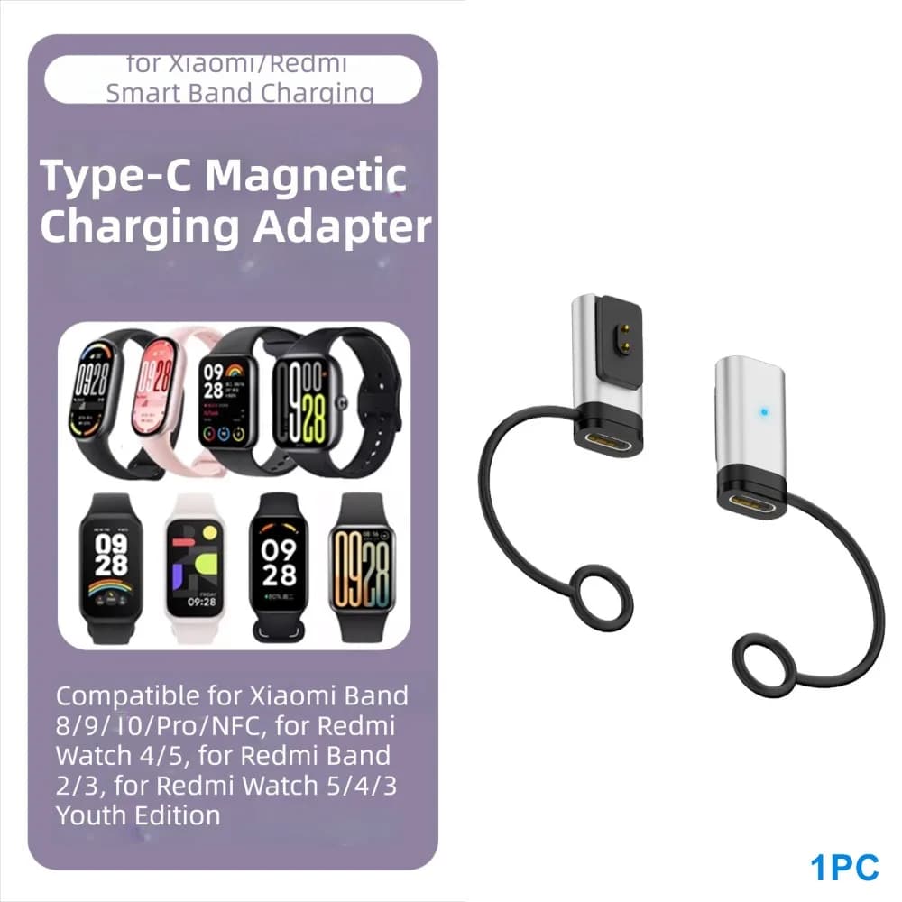 Convertitore caricabatterie magnetico con indicatore LED Convertitore tipo C femmina a 2 pin per Xiaomi Smart Band 8/9/10/Pro/NFC Redmi Watch 5/4/3