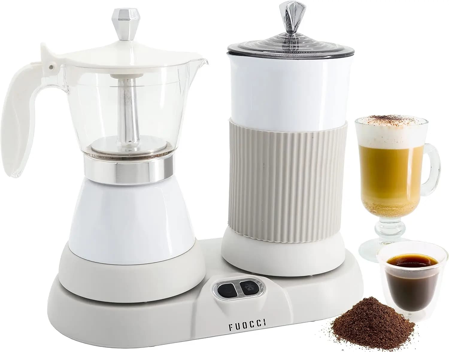 Caffettiera elettrica Moka da 3 tazze con montalatte – Macchina per espresso da 150 ml per caffè, cappuccino, latte, moka e cubano, bianca