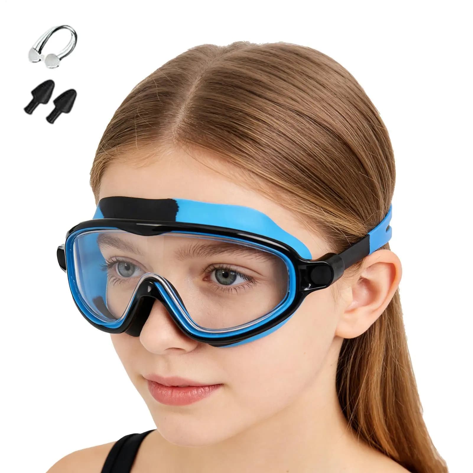 Occhialini da nuoto per bambini con clip per naso e tappi per le orecchie, antiappannamento, a tenuta stagna, per piscina, spiaggia, snorkeling, immersioni, vacanze estive