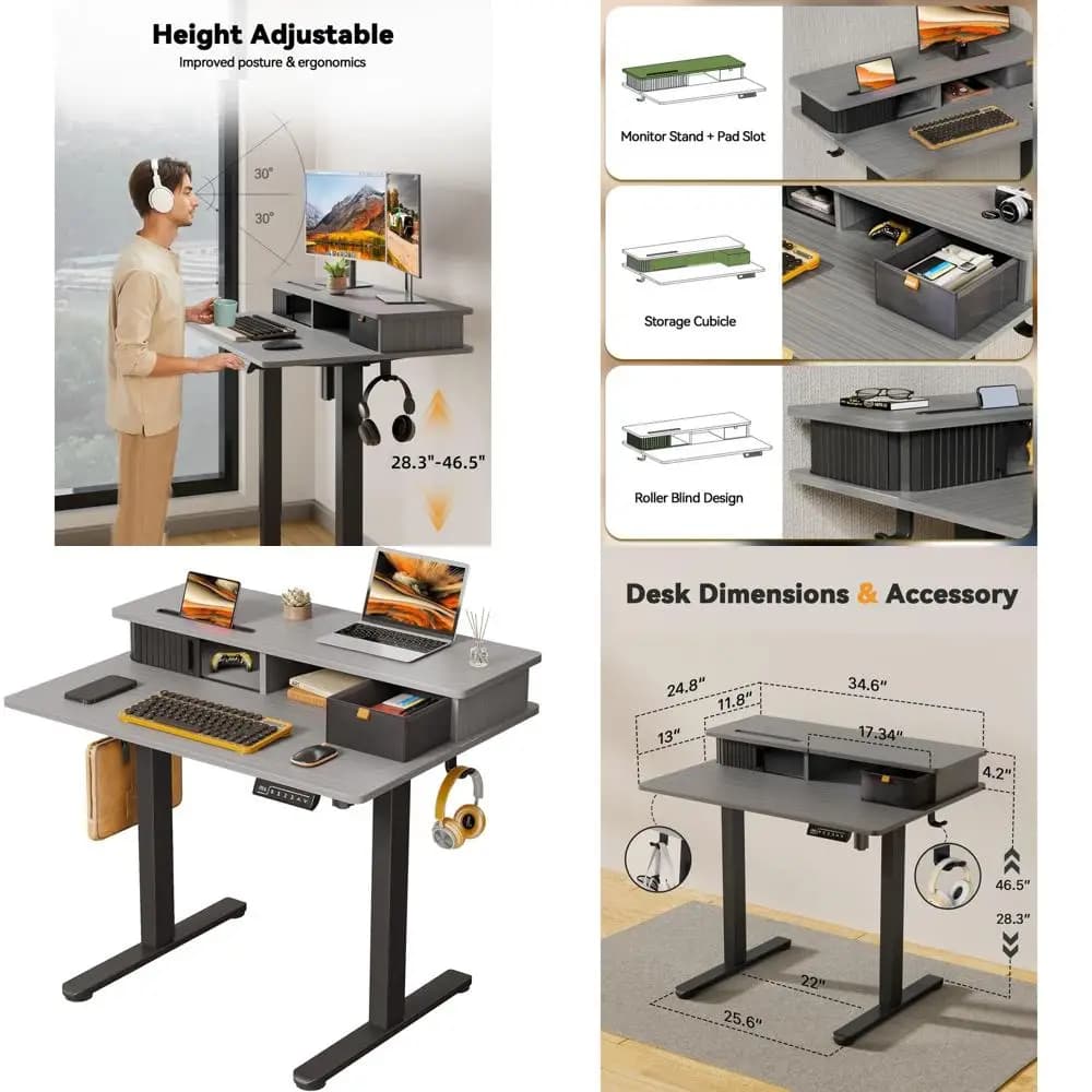 35 x 25 height adjustable electric desk with integrated monitor support and storage space, grey