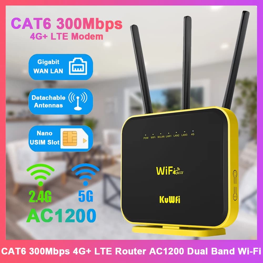 Router KuWFi CAT6 300Mbps 4G LTE AC1200 2.4G 5GHz WiFi 4G + Modem Porta Gigabit Ethernet Antenne staccabili Modalità ripetitore AP VPN